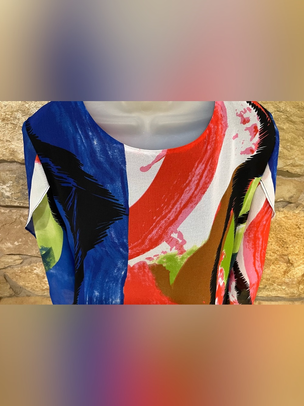 Ali Miles Colorful Artsy Light Flowy Lined Blouse Women Large Semi Sheer Sleeves - Picture 3 of 15